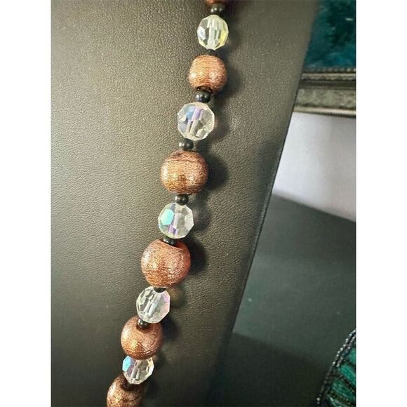 Vintage Bronze Beaded Necklace Adjustable Lobster Clasp AB Crystal Beads - Picture 3 of 6